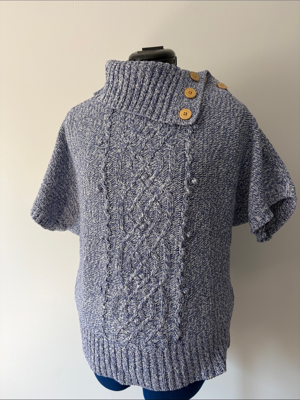 Cozy Blue Cable-Knit Short Sleeve Sweater with Buttoned Turtleneck